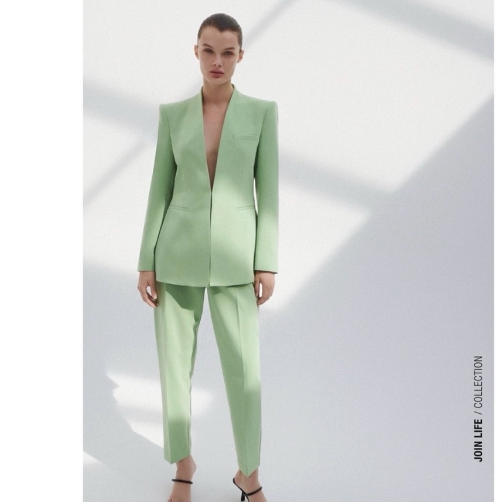 Zara Light Green Lapeless Blazer And Belted Pants Suit Size Xs Nwt